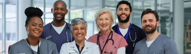 Healthcare uniforms in UAE worn by doctors and nurses in a modern hospital environment