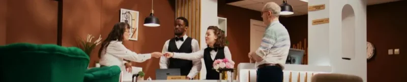 Hotel staff in professional hospitality uniforms preparing for increased guest arrivals during a major international sporting event