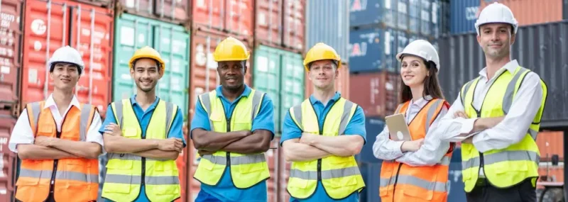 Logistics workers wearing breathable industrial workwear in the UAE.